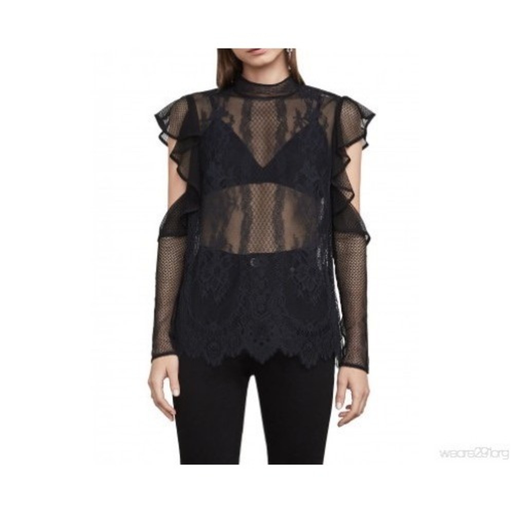BCBGMaxAzria Sabian Black Lace Ruffle‎ Cold Shoulder Mock Neck Blouse Top XXS